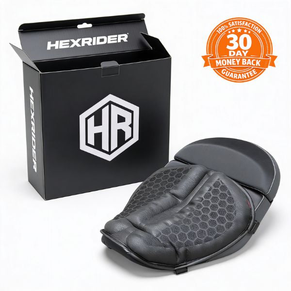 Hexrider cushion with branded box and 30-day guarantee badge